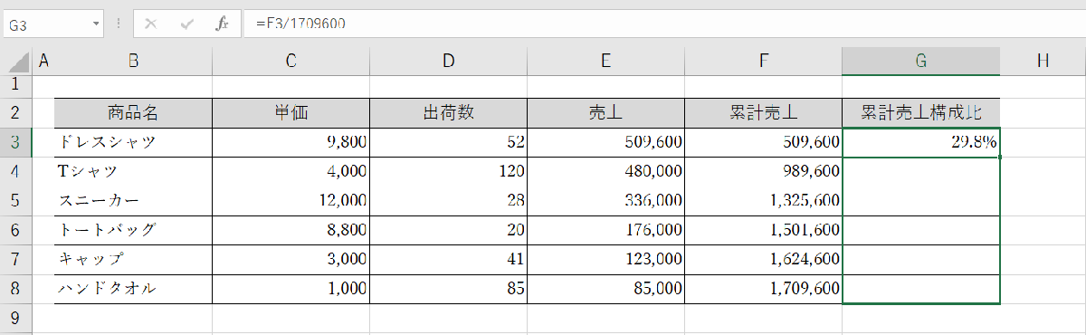 G4以降の計算式はG3と同じになるため、オートフィル機能で計算する