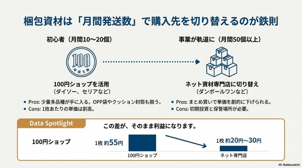 月間発送数に応じた梱包素材選択